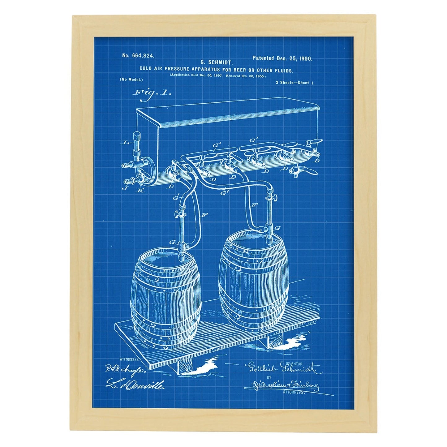Poster con patente de Presion cerveza. Lámina con diseño de patente antigua-Artwork-Nacnic-A4-Marco Madera clara-Nacnic Estudio SL