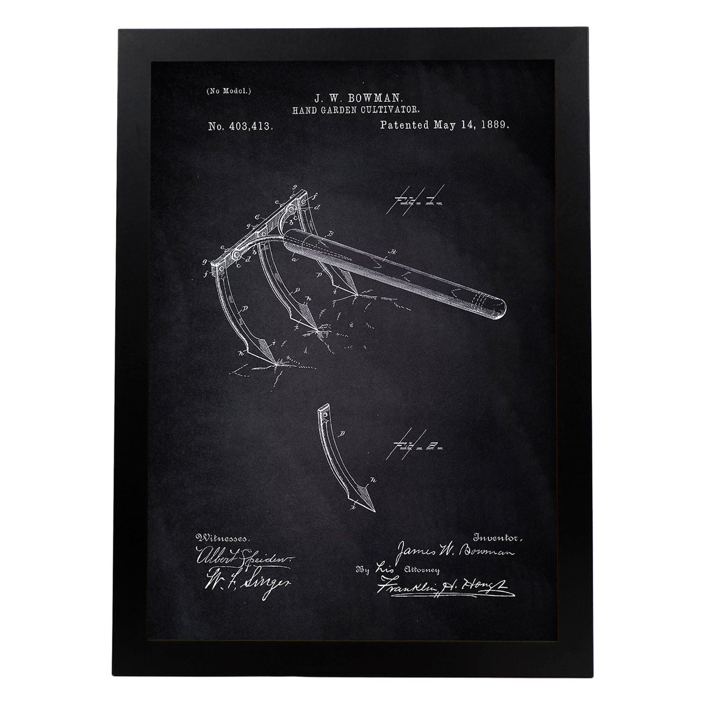 Poster con patente de Rastrillo. Lámina con diseño de patente antigua-Artwork-Nacnic-A4-Marco Negro-Nacnic Estudio SL
