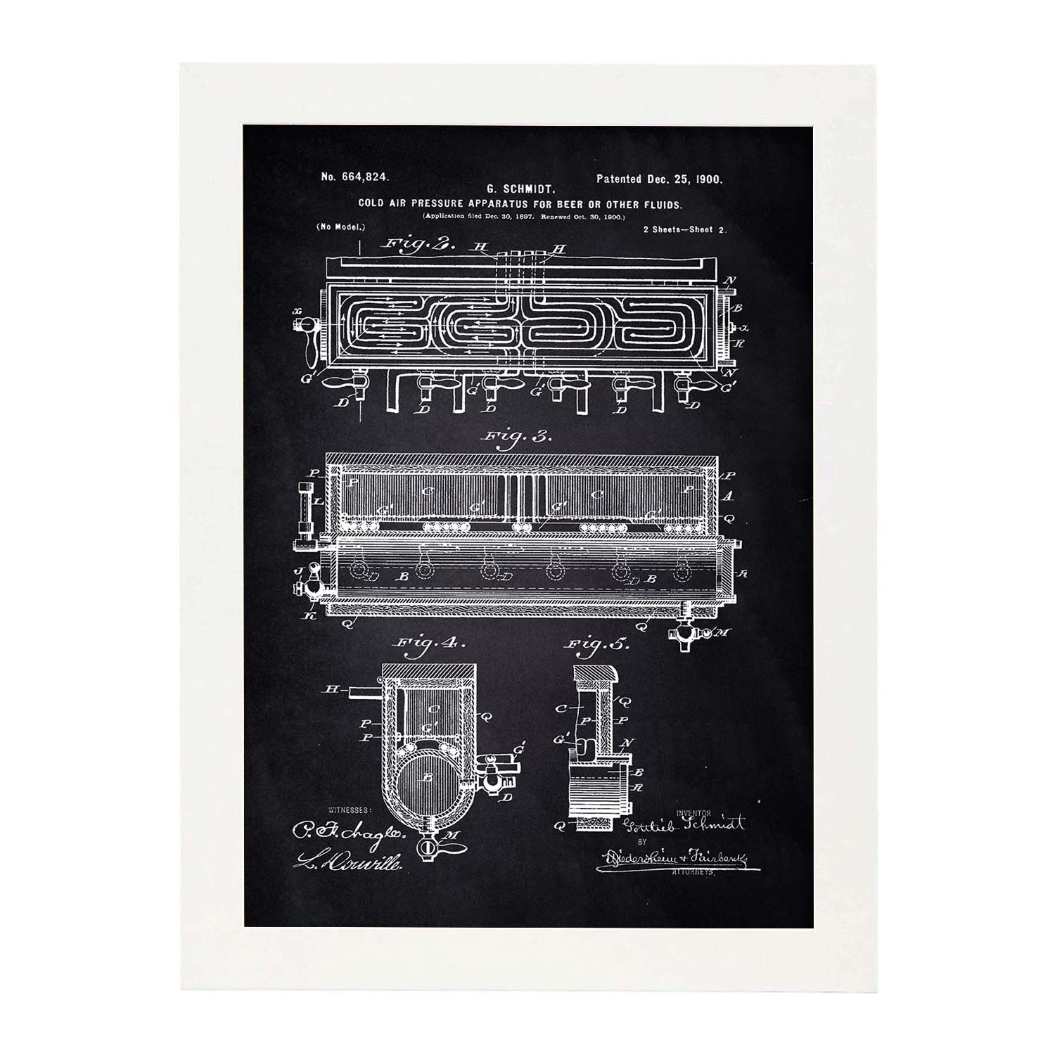 Poster con patente de Refrigerador aire frio. Lámina con diseño de patente antigua-Artwork-Nacnic-A4-Marco Blanco-Nacnic Estudio SL