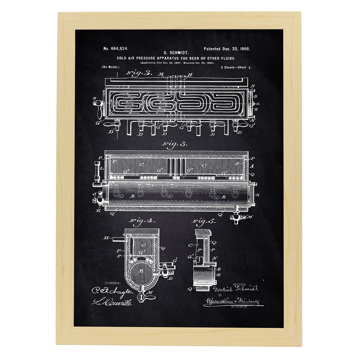Poster con patente de Refrigerador aire frio. Lámina con diseño de patente antigua-Artwork-Nacnic-A4-Marco Madera clara-Nacnic Estudio SL