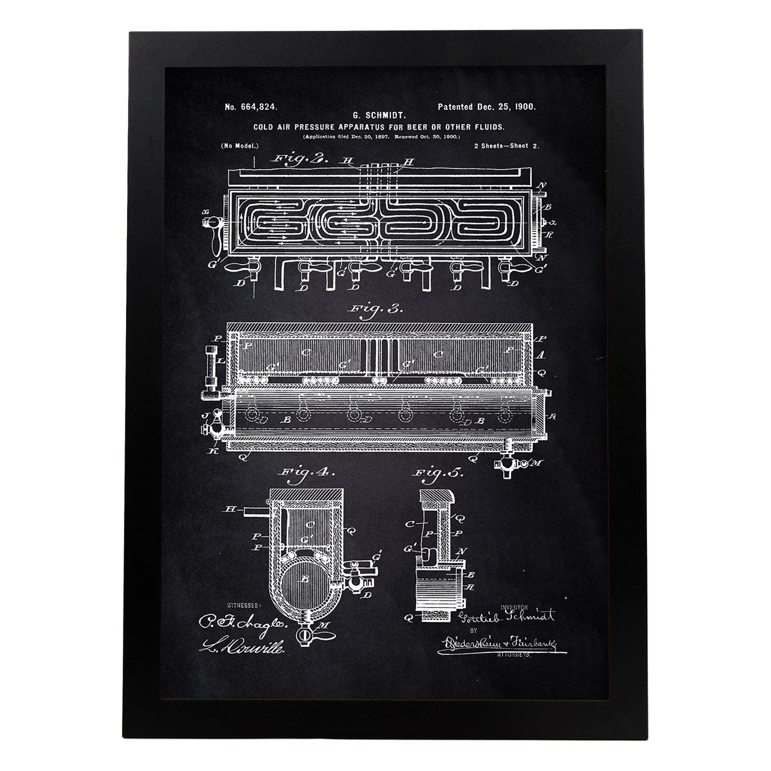 Poster con patente de Refrigerador aire frio. Lámina con diseño de patente antigua-Artwork-Nacnic-A4-Marco Negro-Nacnic Estudio SL