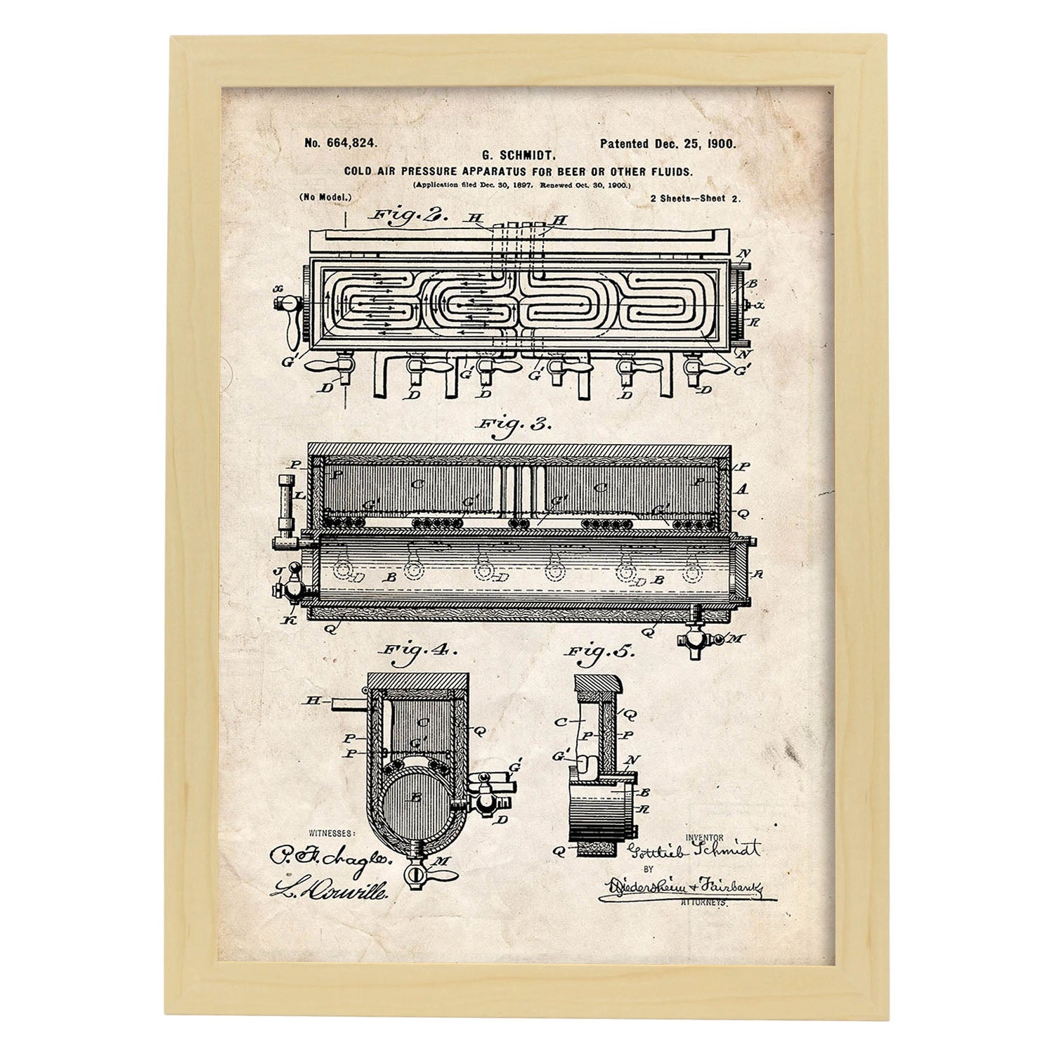 Poster con patente de Refrigerador aire frio. Lámina con diseño de patente antigua.-Artwork-Nacnic-A3-Marco Madera clara-Nacnic Estudio SL