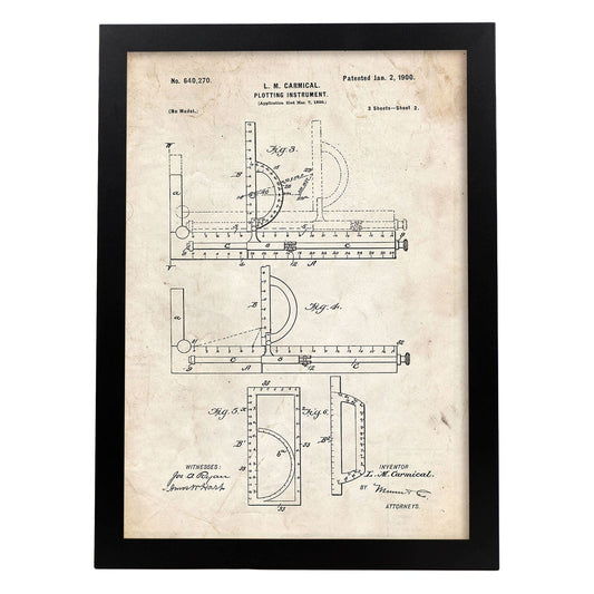 Poster con patente de Regla transportadora. Lámina con diseño de patente antigua.-Artwork-Nacnic-A4-Marco Negro-Nacnic Estudio SL