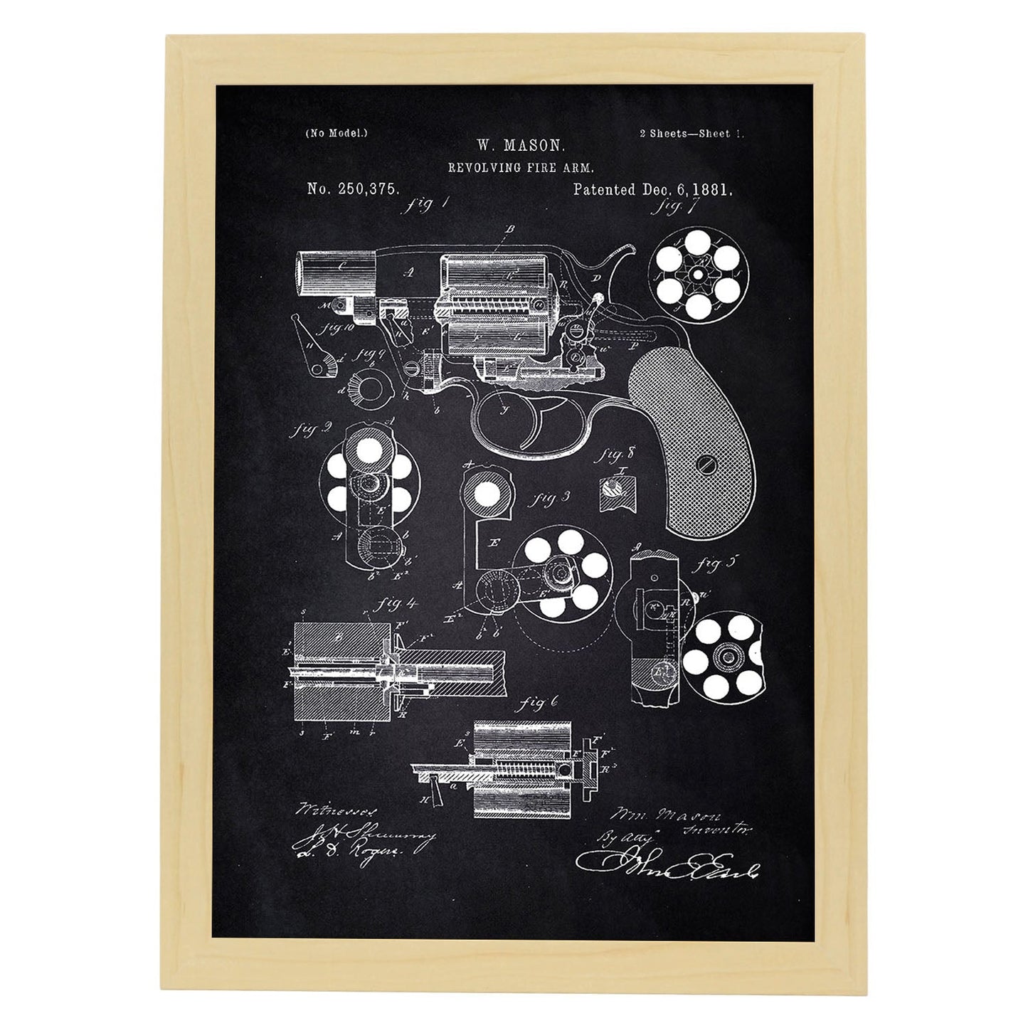 Poster con patente de Revolver. Lámina con diseño de patente antigua-Artwork-Nacnic-A3-Marco Madera clara-Nacnic Estudio SL
