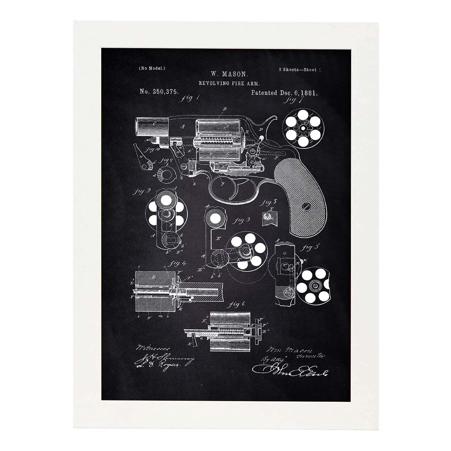 Poster con patente de Revolver. Lámina con diseño de patente antigua-Artwork-Nacnic-A4-Marco Blanco-Nacnic Estudio SL