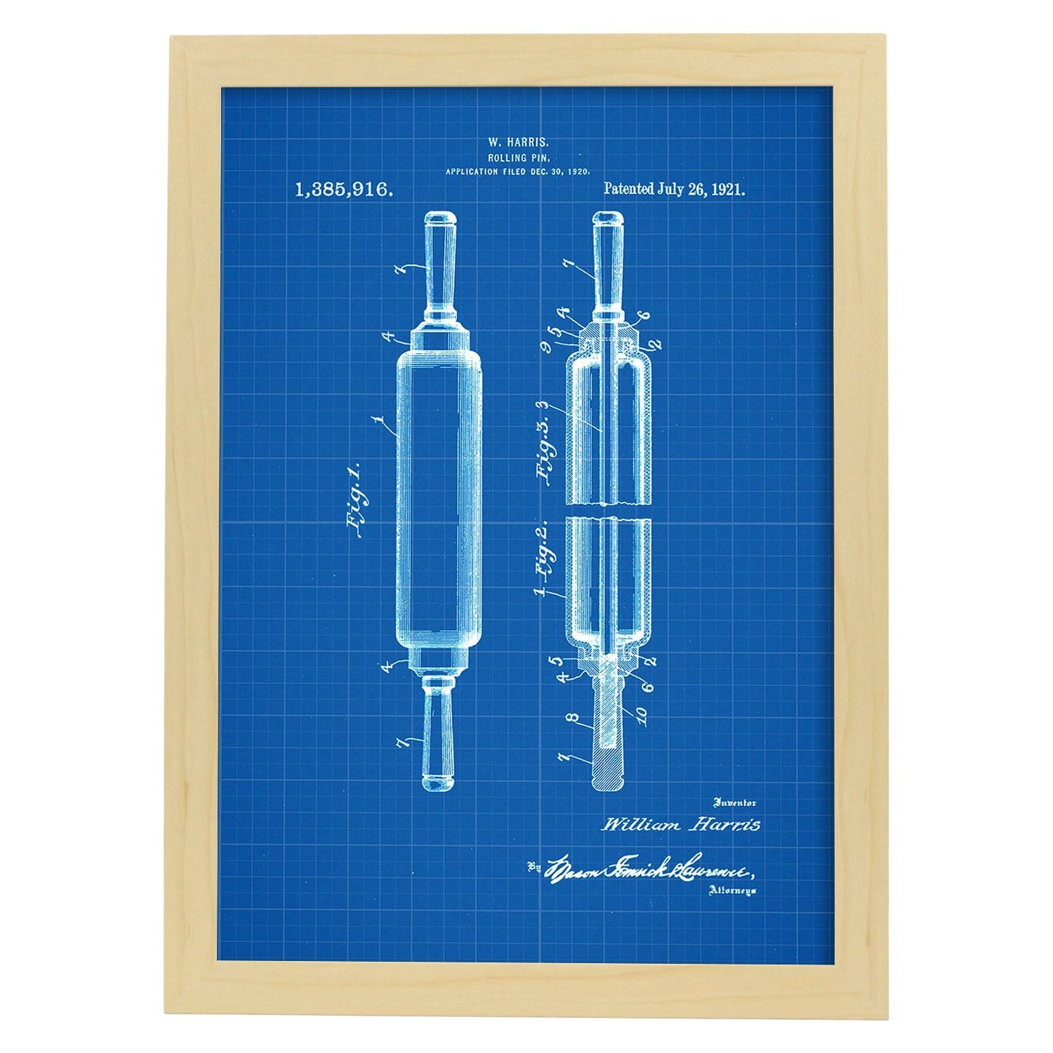 Poster con patente de Rodillo de cocina. Lámina con diseño de patente antigua-Artwork-Nacnic-A3-Marco Madera clara-Nacnic Estudio SL