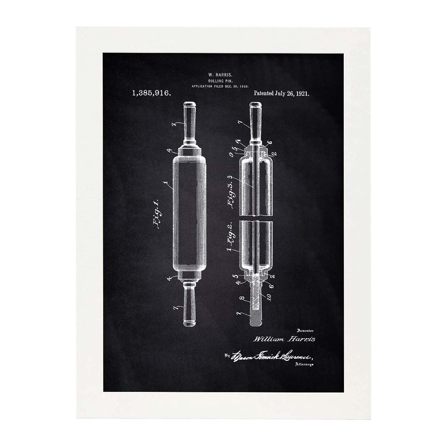 Poster con patente de Rodillo de cocina. Lámina con diseño de patente antigua-Artwork-Nacnic-A4-Marco Blanco-Nacnic Estudio SL