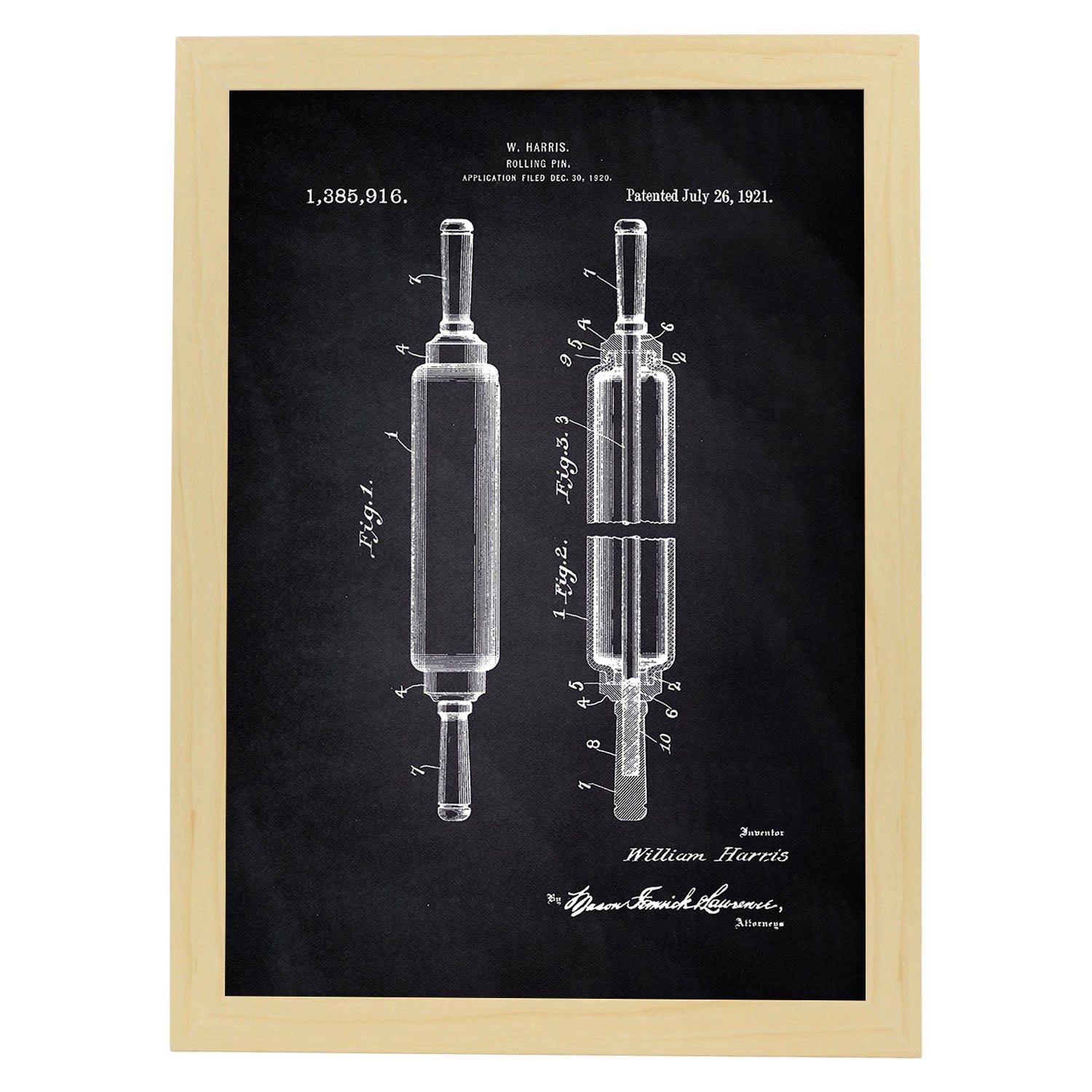 Poster con patente de Rodillo de cocina. Lámina con diseño de patente antigua-Artwork-Nacnic-A4-Marco Madera clara-Nacnic Estudio SL