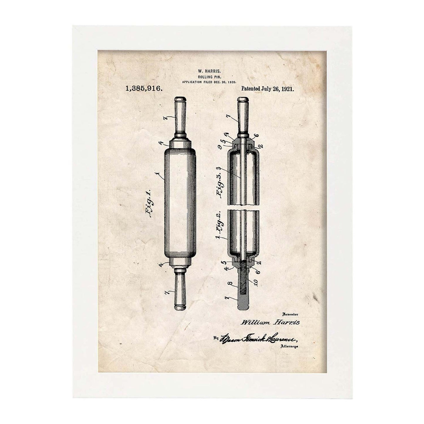Poster con patente de Rodillo de cocina. Lámina con diseño de patente antigua.-Artwork-Nacnic-A3-Marco Blanco-Nacnic Estudio SL