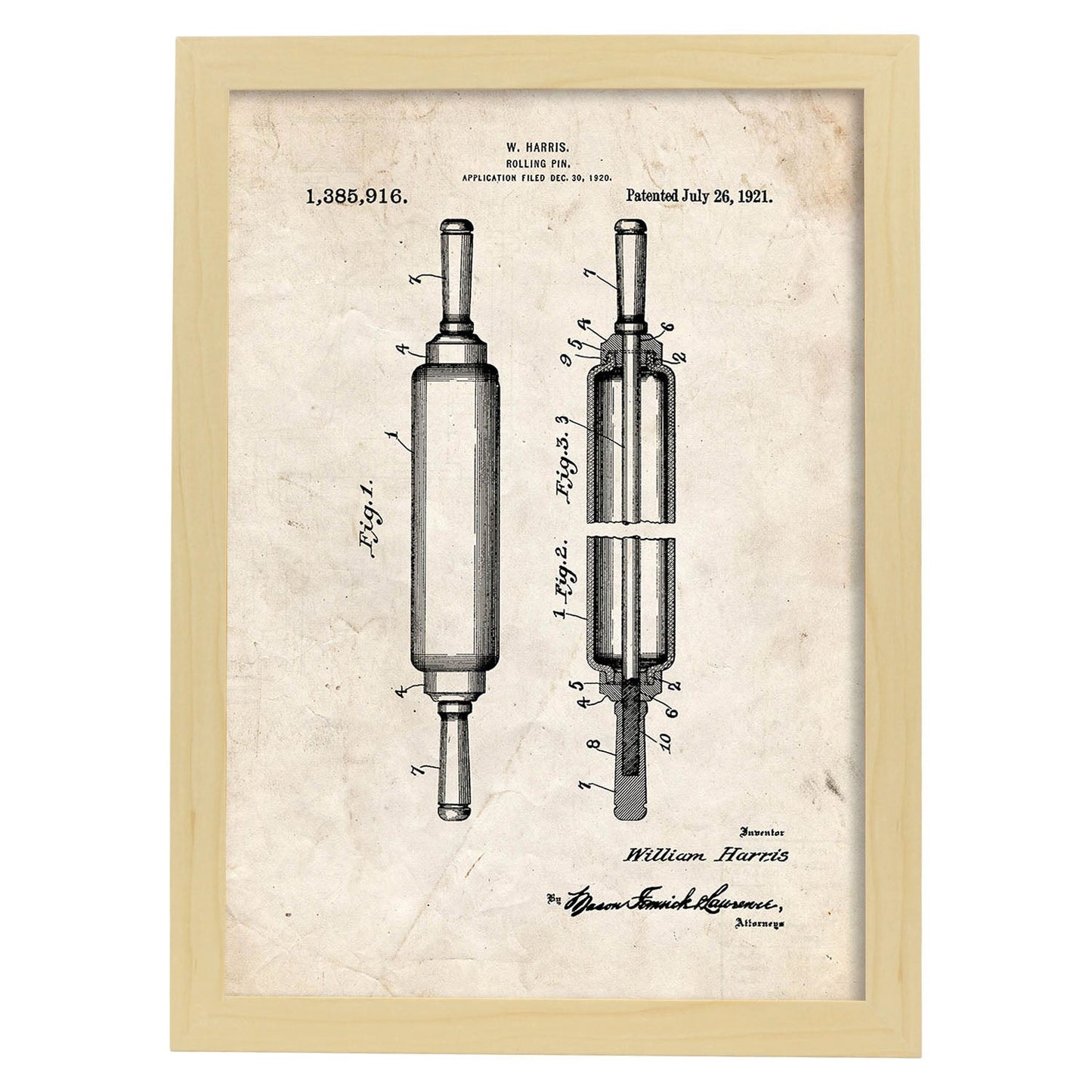 Poster con patente de Rodillo de cocina. Lámina con diseño de patente antigua.-Artwork-Nacnic-A3-Marco Madera clara-Nacnic Estudio SL