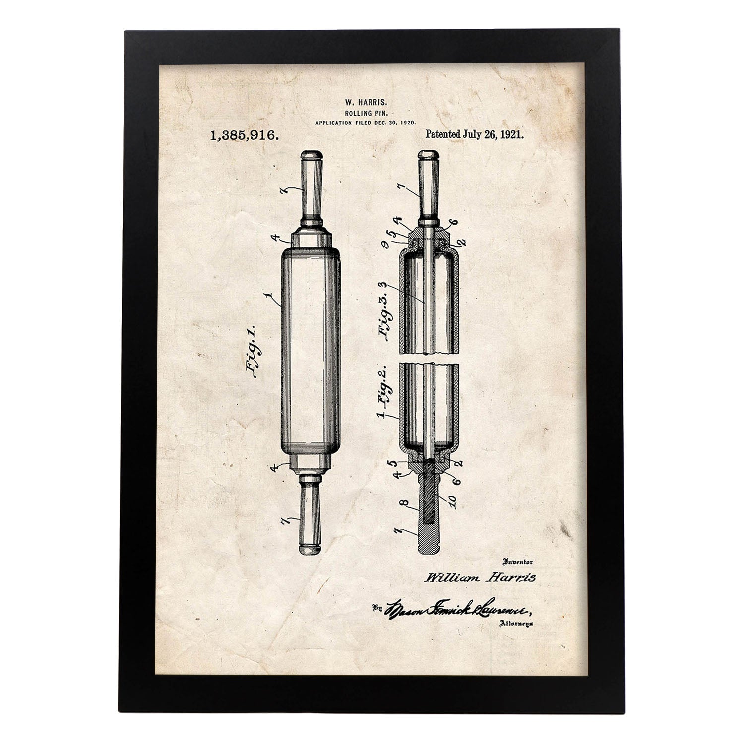 Poster con patente de Rodillo de cocina. Lámina con diseño de patente antigua.-Artwork-Nacnic-A3-Marco Negro-Nacnic Estudio SL
