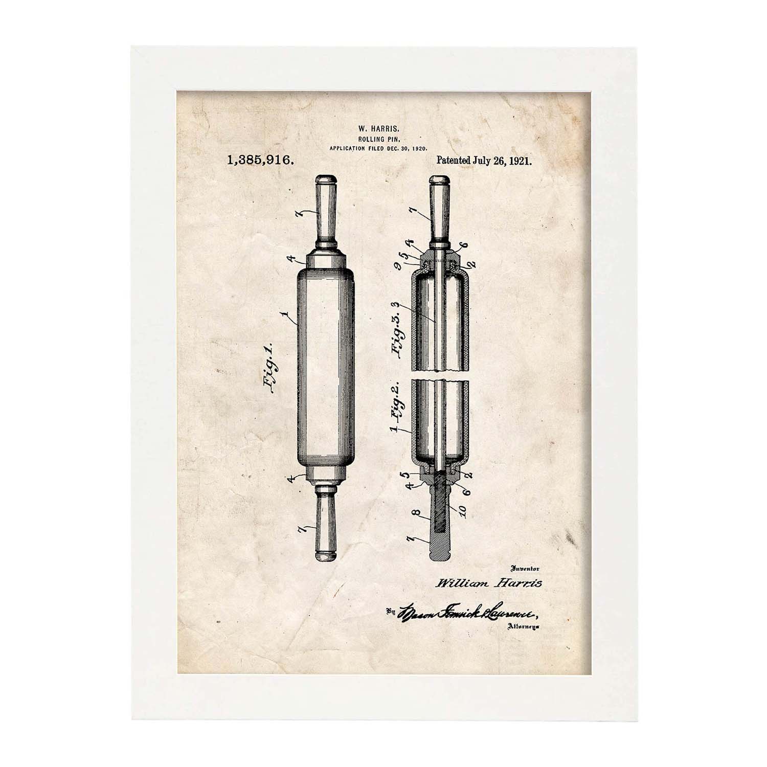 Poster con patente de Rodillo de cocina. Lámina con diseño de patente antigua.-Artwork-Nacnic-A4-Marco Blanco-Nacnic Estudio SL