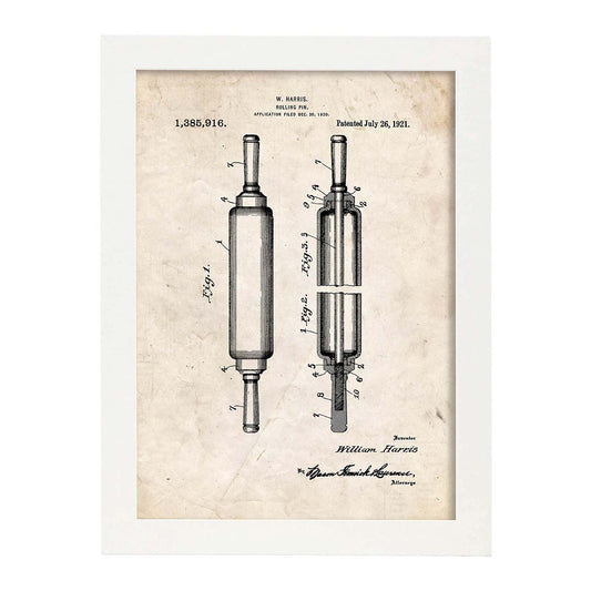 Poster con patente de Rodillo de cocina. Lámina con diseño de patente antigua.-Artwork-Nacnic-A4-Marco Blanco-Nacnic Estudio SL