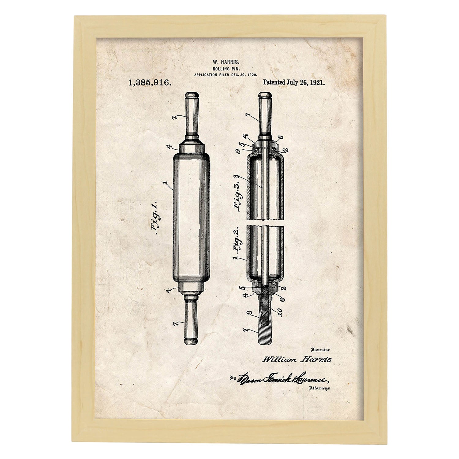 Poster con patente de Rodillo de cocina. Lámina con diseño de patente antigua.-Artwork-Nacnic-A4-Marco Madera clara-Nacnic Estudio SL