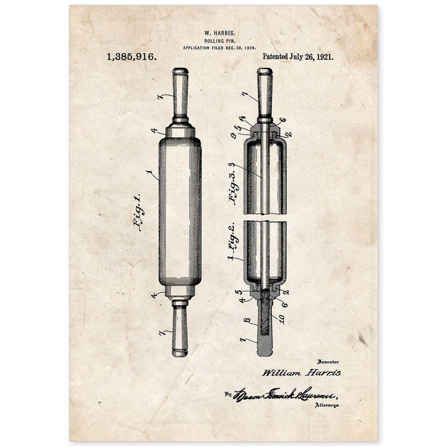 Poster con patente de Rodillo de cocina. Lámina con diseño de patente antigua.-Artwork-Nacnic-A4-Sin marco-Nacnic Estudio SL