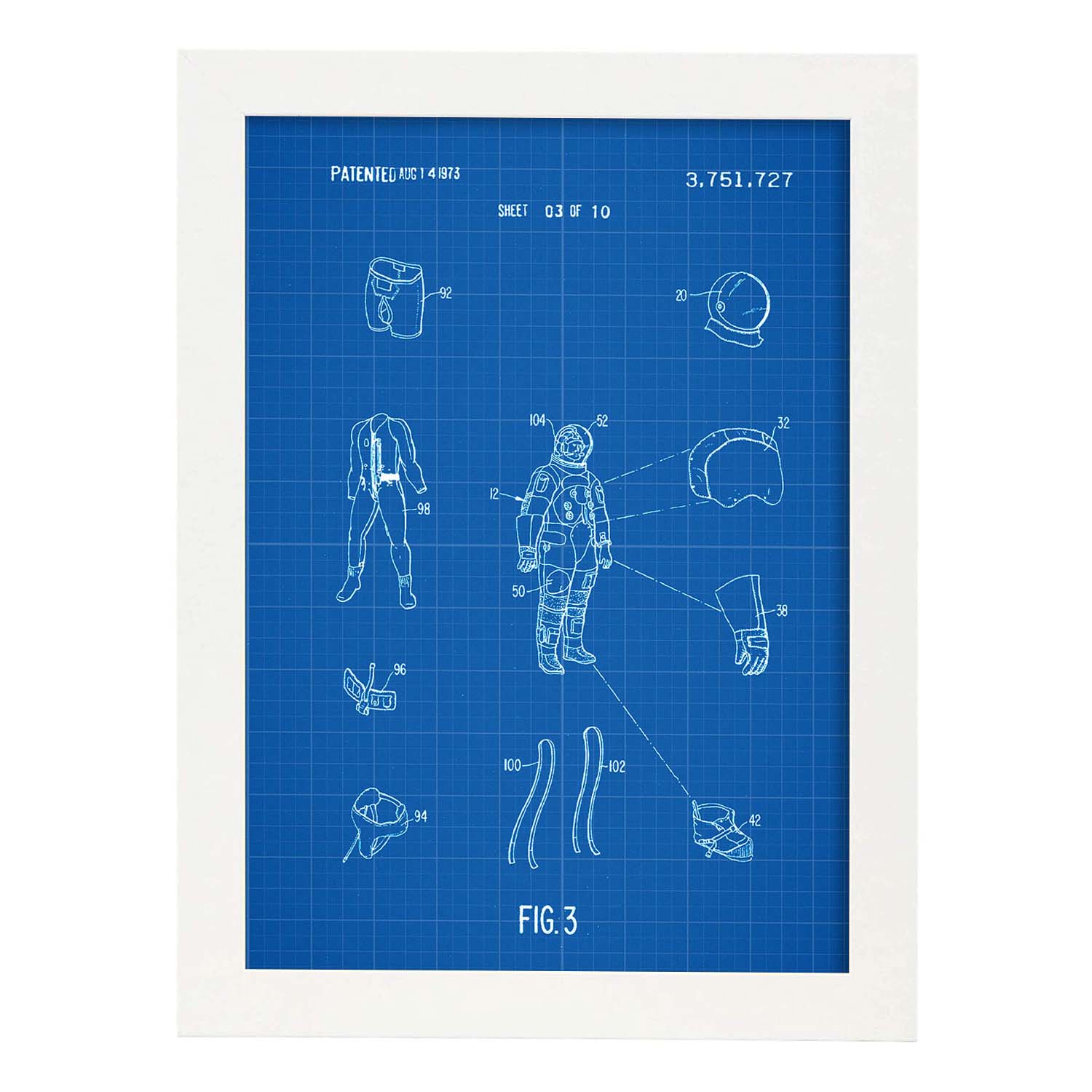 Poster con patente de Ropa astronauta1. Lámina con diseño de patente antigua-Artwork-Nacnic-A3-Marco Blanco-Nacnic Estudio SL