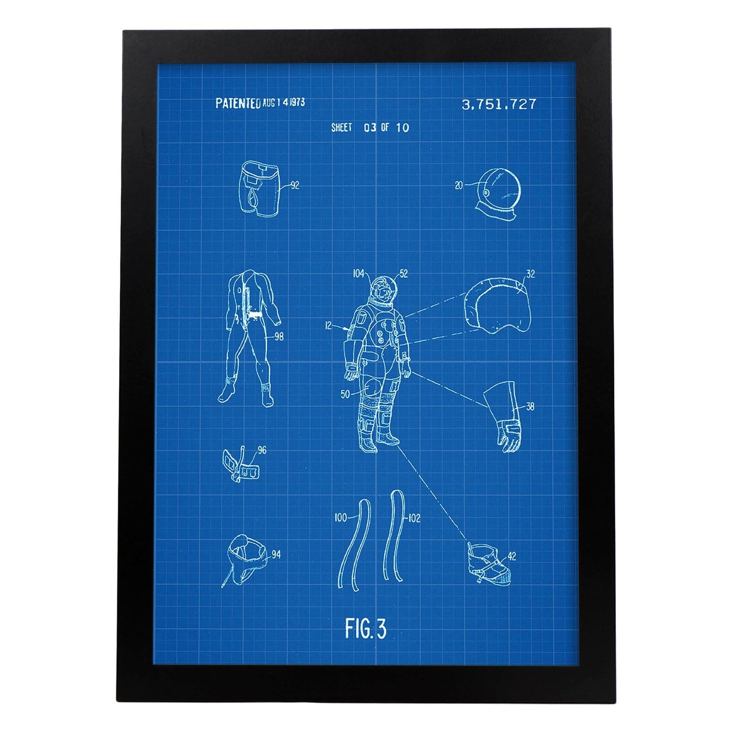 Poster con patente de Ropa astronauta1. Lámina con diseño de patente antigua-Artwork-Nacnic-A3-Marco Negro-Nacnic Estudio SL