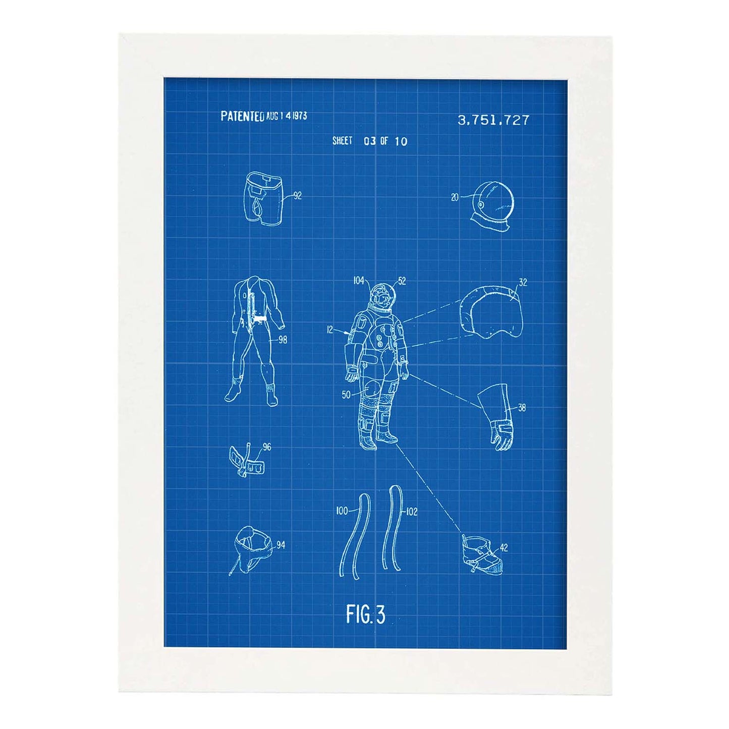 Poster con patente de Ropa astronauta1. Lámina con diseño de patente antigua-Artwork-Nacnic-A4-Marco Blanco-Nacnic Estudio SL