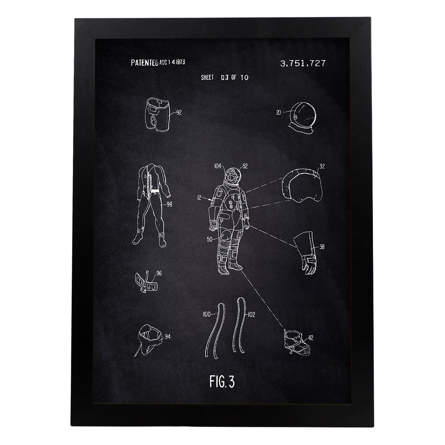 Poster con patente de Ropa astronauta1. Lámina con diseño de patente antigua-Artwork-Nacnic-A4-Marco Negro-Nacnic Estudio SL