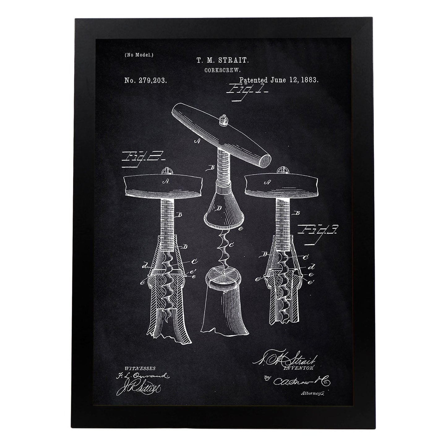 Poster con patente de Sacacorchos 2. Lámina con diseño de patente antigua-Artwork-Nacnic-A3-Marco Negro-Nacnic Estudio SL