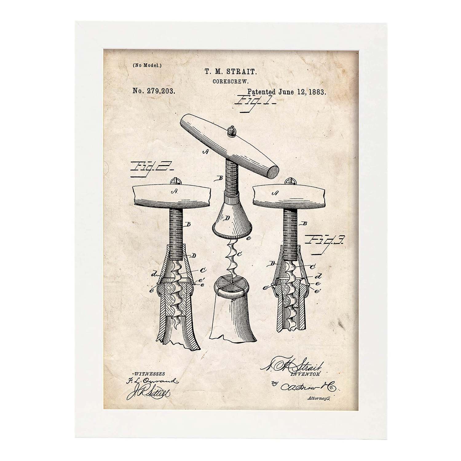 Poster con patente de Sacacorchos 2. Lámina con diseño de patente antigua.-Artwork-Nacnic-A3-Marco Blanco-Nacnic Estudio SL
