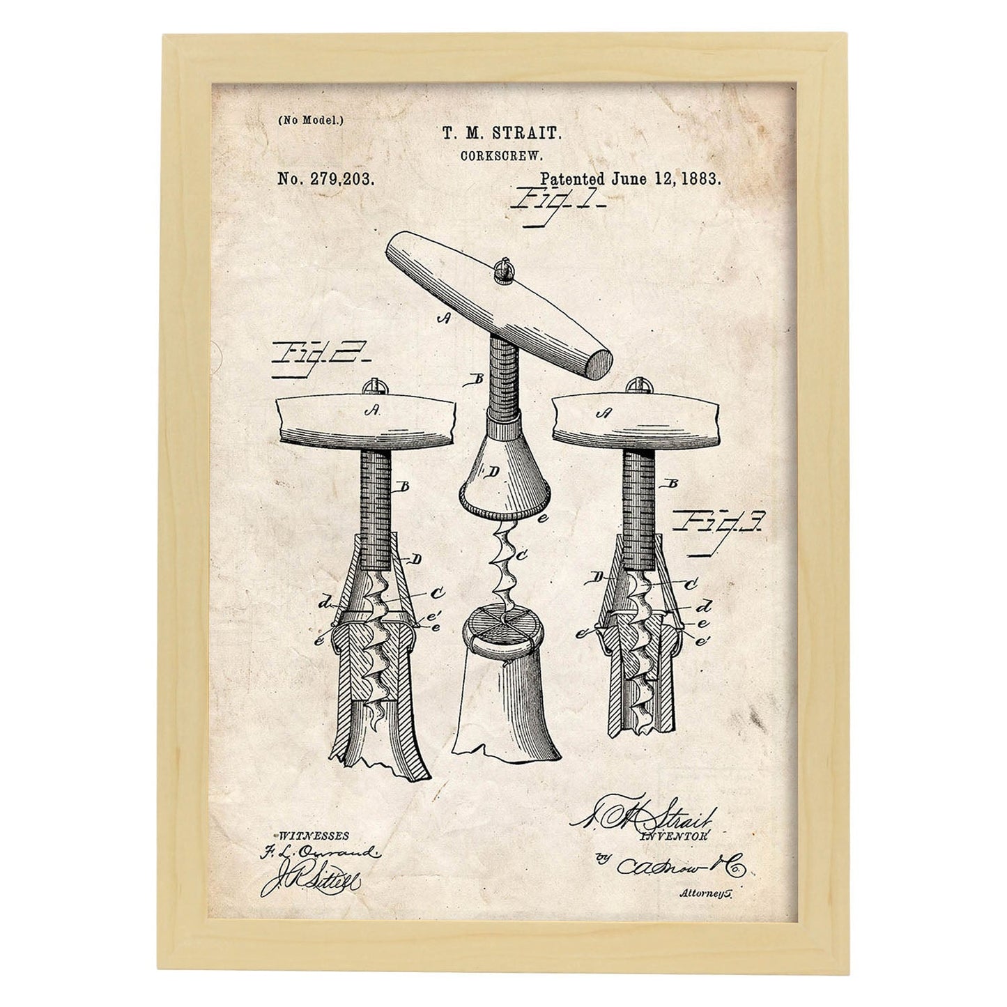 Poster con patente de Sacacorchos 2. Lámina con diseño de patente antigua.-Artwork-Nacnic-A3-Marco Madera clara-Nacnic Estudio SL