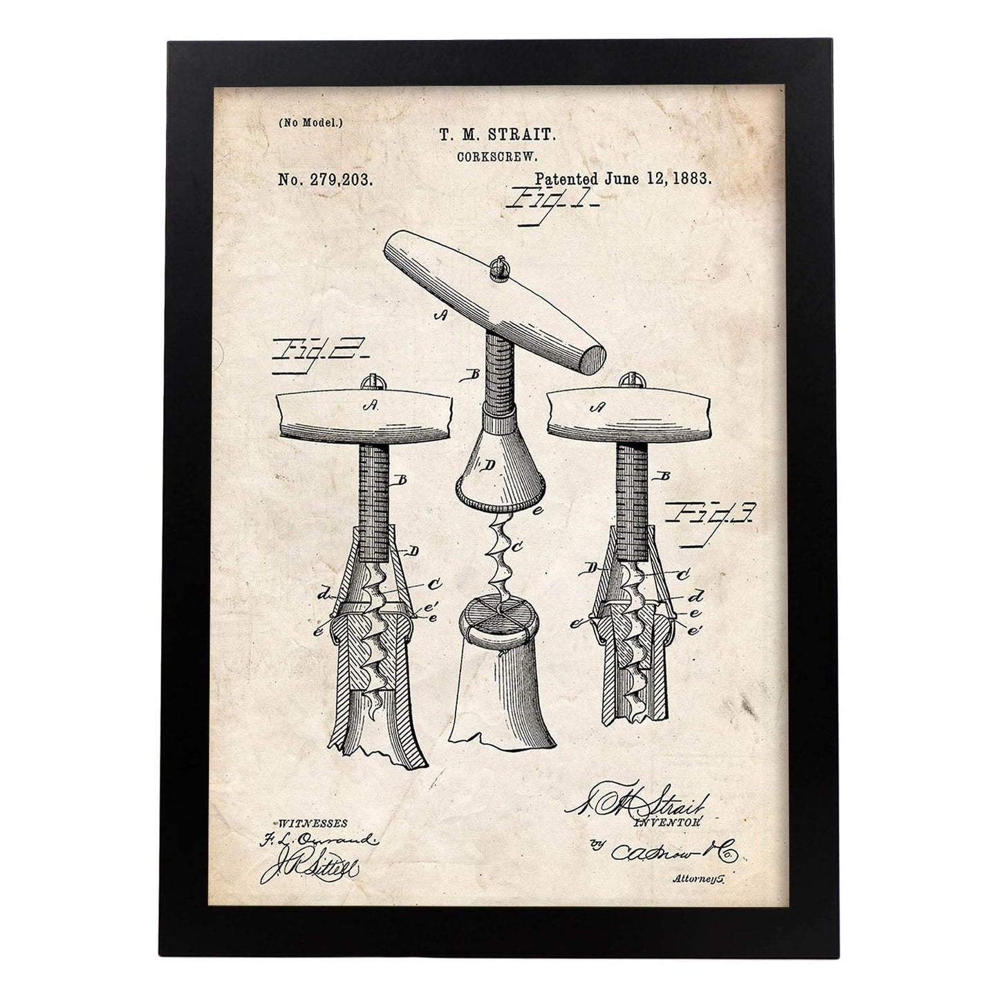 Poster con patente de Sacacorchos 2. Lámina con diseño de patente antigua.-Artwork-Nacnic-A3-Marco Negro-Nacnic Estudio SL
