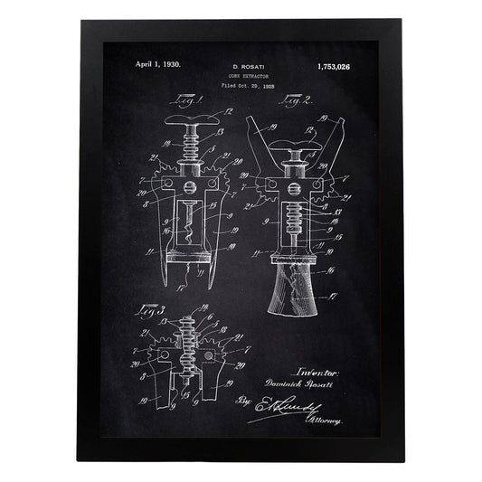Poster con patente de Sacacorchos. Lámina con diseño de patente antigua-Artwork-Nacnic-A3-Marco Negro-Nacnic Estudio SL