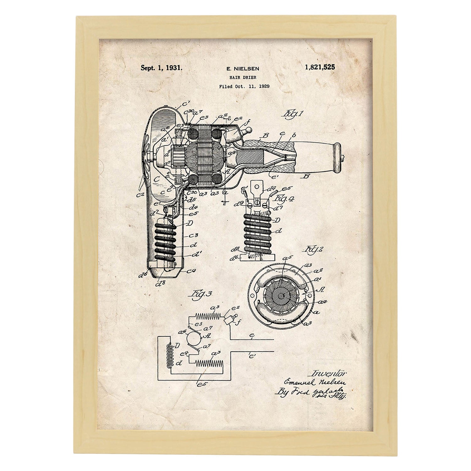 Poster con patente de Secador de pelo. Lámina con diseño de patente antigua.-Artwork-Nacnic-A4-Marco Madera clara-Nacnic Estudio SL