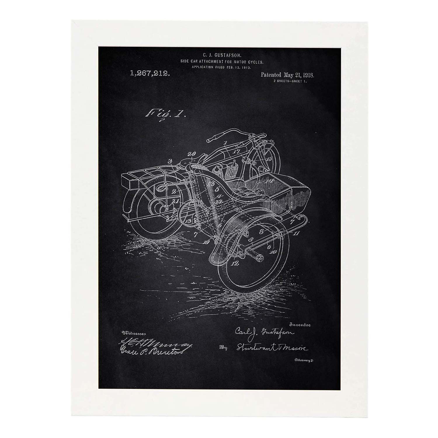 Poster con patente de Sidecar. Lámina con diseño de patente antigua-Artwork-Nacnic-A3-Marco Blanco-Nacnic Estudio SL