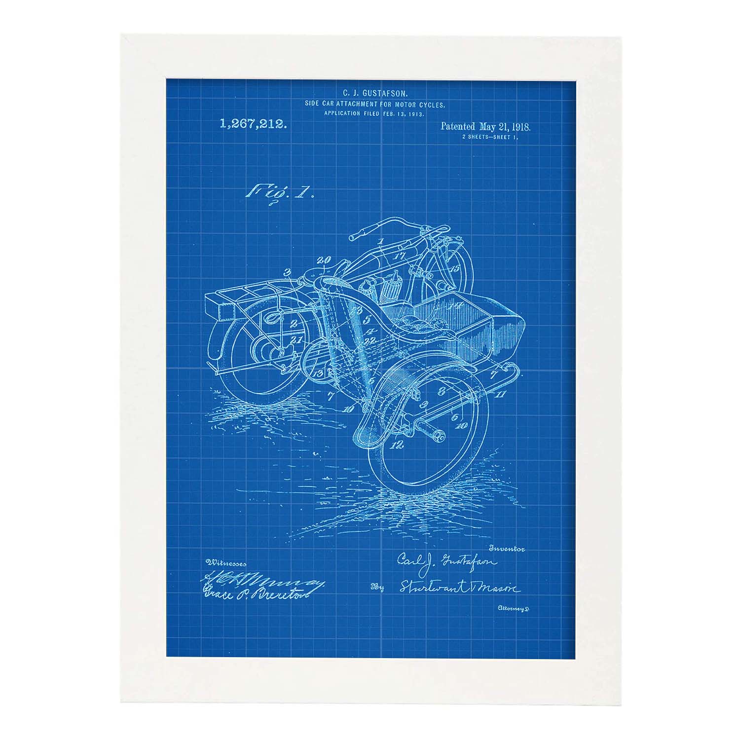 Poster con patente de Sidecar. Lámina con diseño de patente antigua-Artwork-Nacnic-A3-Marco Blanco-Nacnic Estudio SL