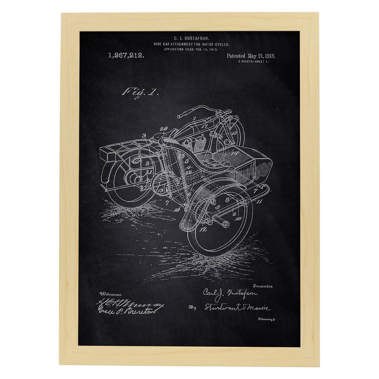 Poster con patente de Sidecar. Lámina con diseño de patente antigua-Artwork-Nacnic-A3-Marco Madera clara-Nacnic Estudio SL