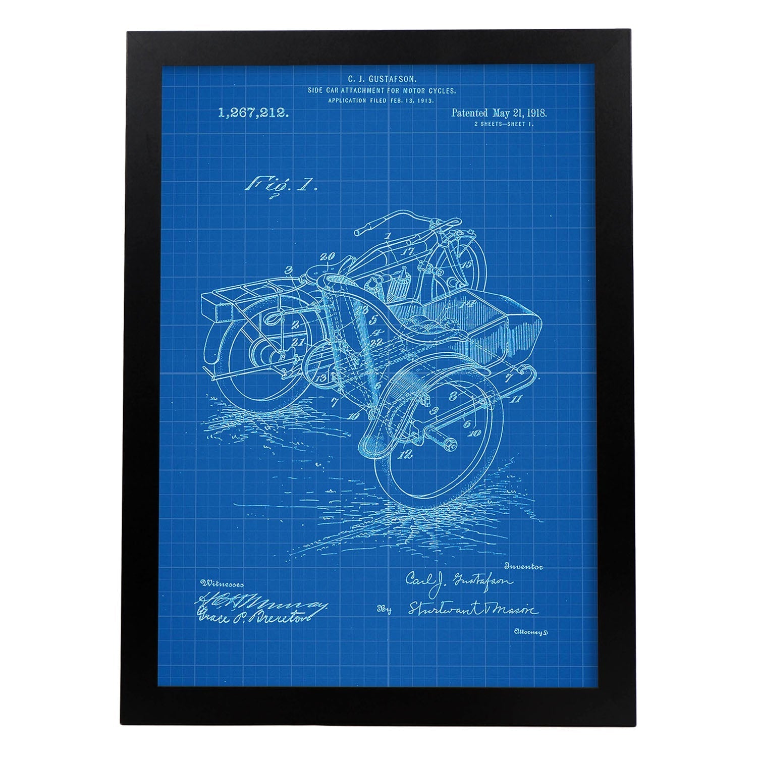 Poster con patente de Sidecar. Lámina con diseño de patente antigua-Artwork-Nacnic-A3-Marco Negro-Nacnic Estudio SL
