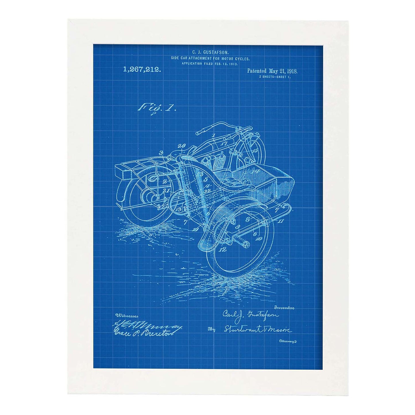 Poster con patente de Sidecar. Lámina con diseño de patente antigua-Artwork-Nacnic-A4-Marco Blanco-Nacnic Estudio SL
