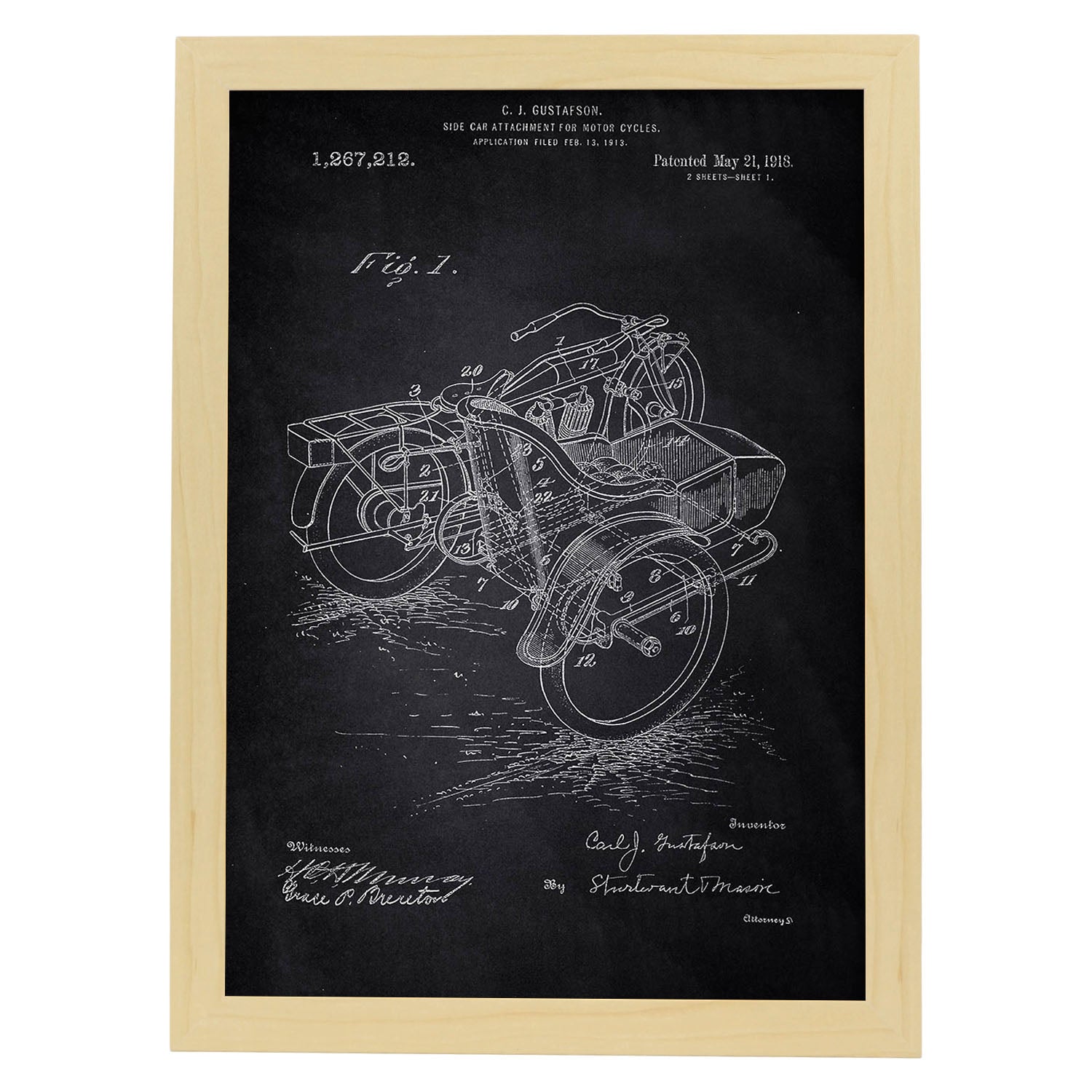 Poster con patente de Sidecar. Lámina con diseño de patente antigua-Artwork-Nacnic-A4-Marco Madera clara-Nacnic Estudio SL