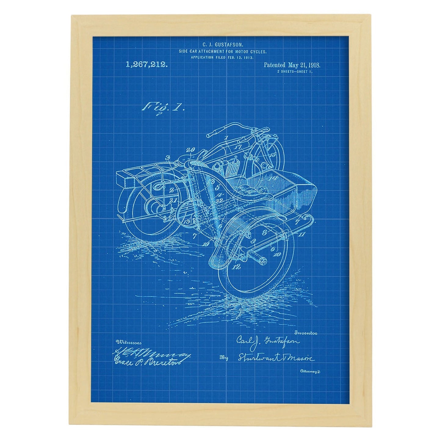 Poster con patente de Sidecar. Lámina con diseño de patente antigua-Artwork-Nacnic-A4-Marco Madera clara-Nacnic Estudio SL