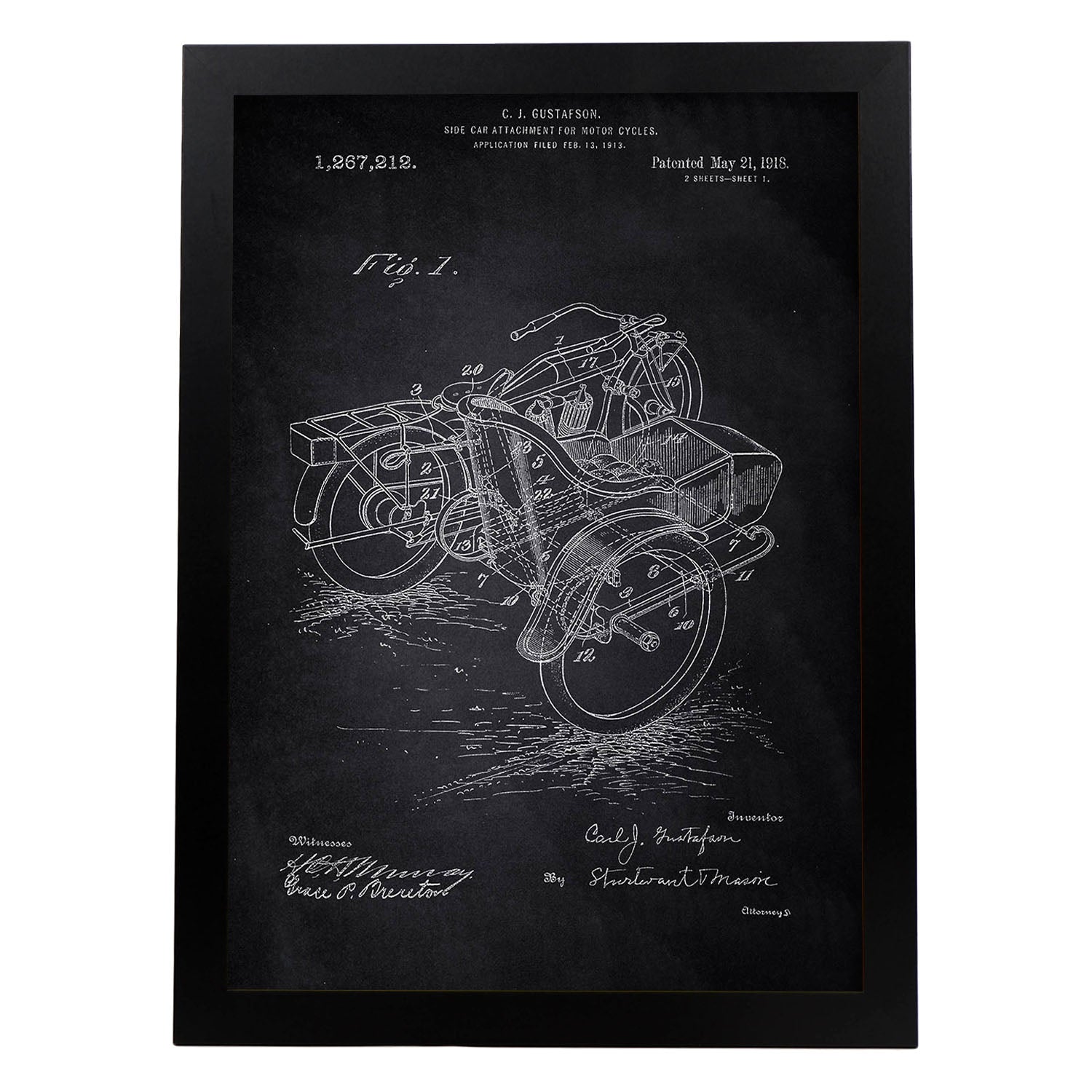 Poster con patente de Sidecar. Lámina con diseño de patente antigua-Artwork-Nacnic-A4-Marco Negro-Nacnic Estudio SL