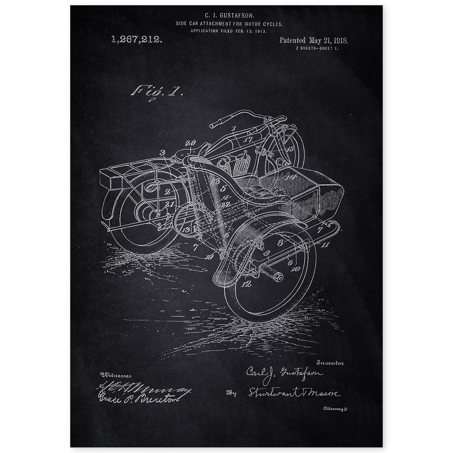 Poster con patente de Sidecar. Lámina con diseño de patente antigua-Artwork-Nacnic-A4-Sin marco-Nacnic Estudio SL