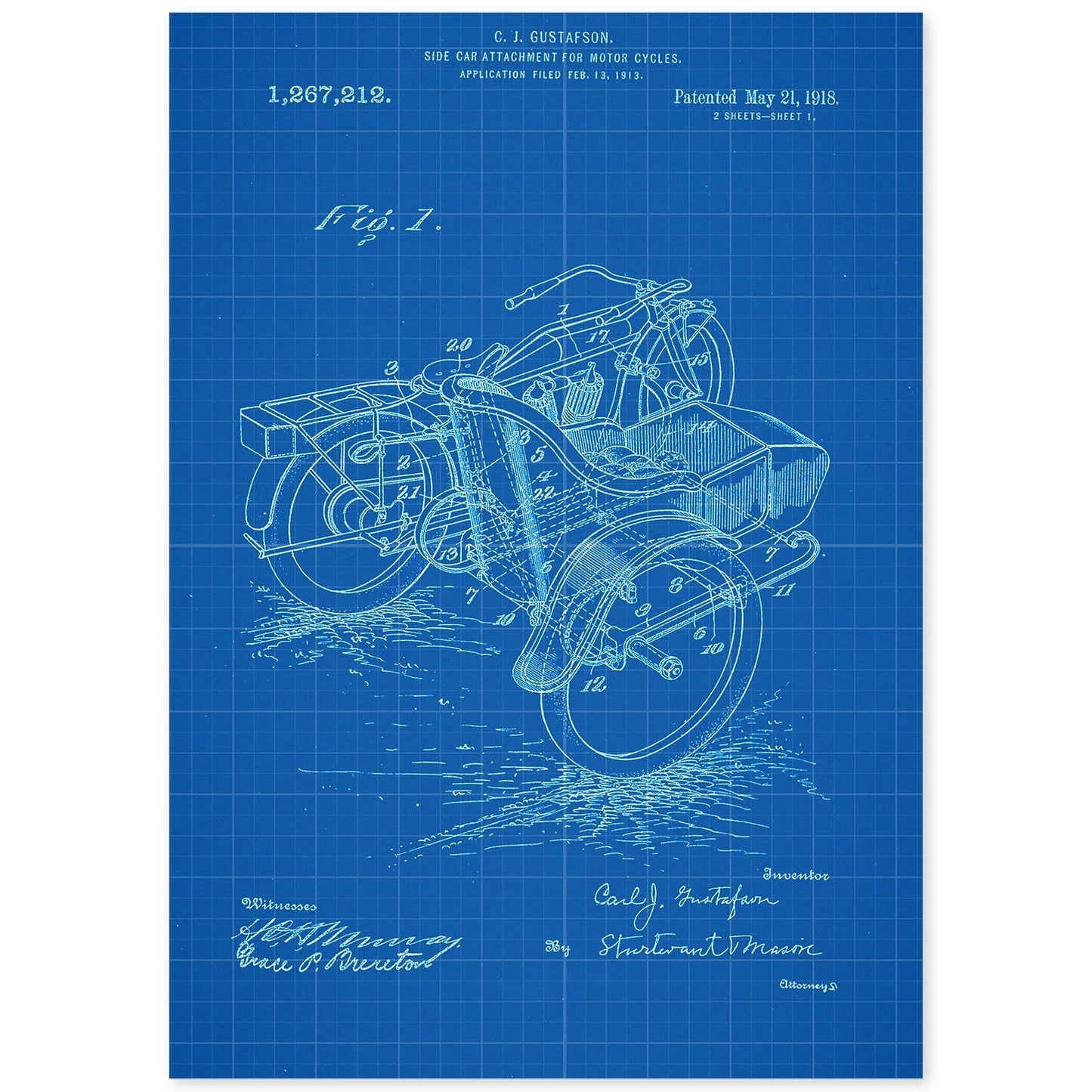 Poster con patente de Sidecar. Lámina con diseño de patente antigua-Artwork-Nacnic-A4-Sin marco-Nacnic Estudio SL