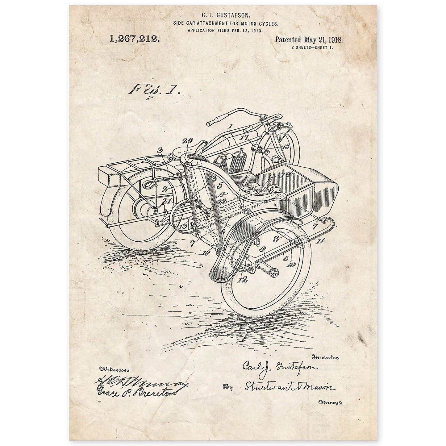 Poster con patente de Sidecar. Lámina con diseño de patente antigua.-Artwork-Nacnic-A4-Sin marco-Nacnic Estudio SL
