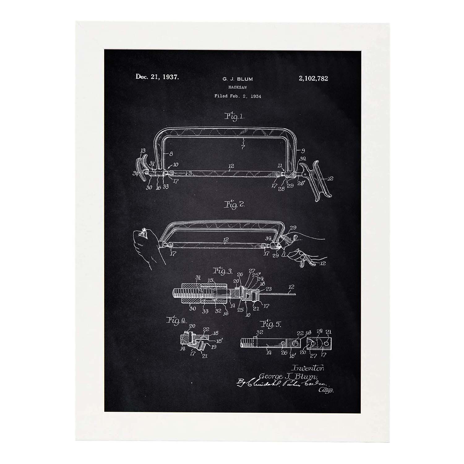Poster con patente de Sierra. Lámina con diseño de patente antigua-Artwork-Nacnic-A4-Marco Blanco-Nacnic Estudio SL
