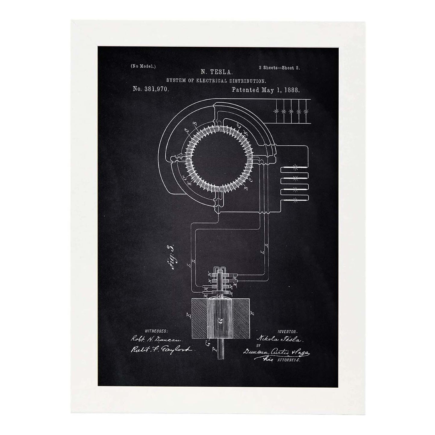 Poster con patente de Sistema de distribucion electrica. Lámina con diseño de patente antigua-Artwork-Nacnic-A3-Marco Blanco-Nacnic Estudio SL