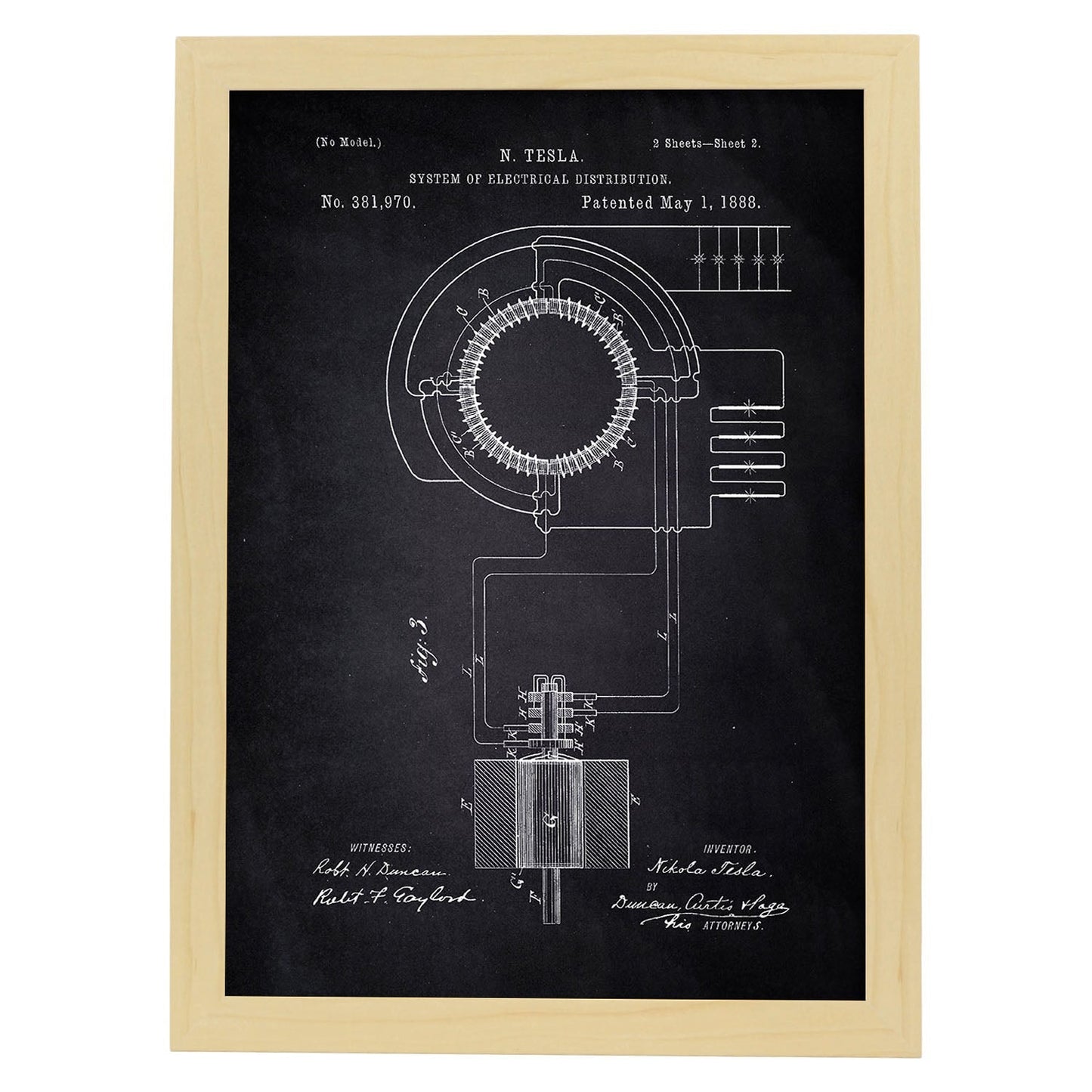 Poster con patente de Sistema de distribucion electrica. Lámina con diseño de patente antigua-Artwork-Nacnic-A3-Marco Madera clara-Nacnic Estudio SL