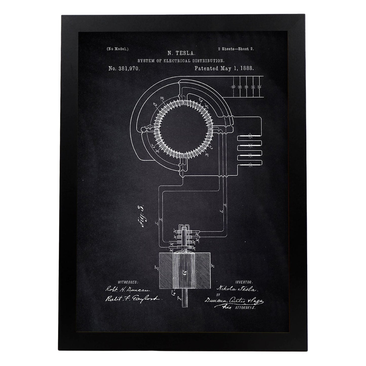 Poster con patente de Sistema de distribucion electrica. Lámina con diseño de patente antigua-Artwork-Nacnic-A3-Marco Negro-Nacnic Estudio SL