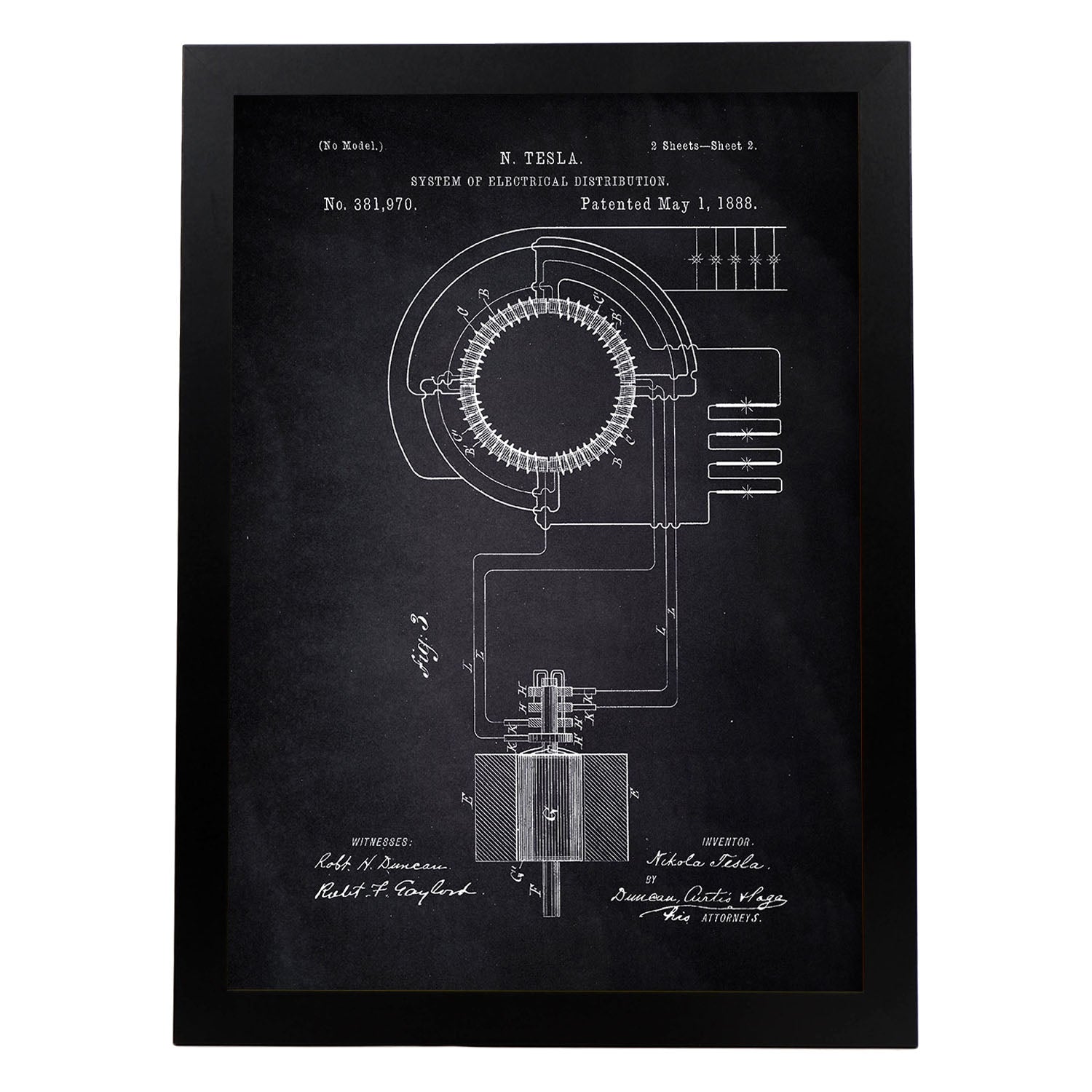 Poster con patente de Sistema de distribucion electrica. Lámina con diseño de patente antigua-Artwork-Nacnic-A4-Marco Negro-Nacnic Estudio SL