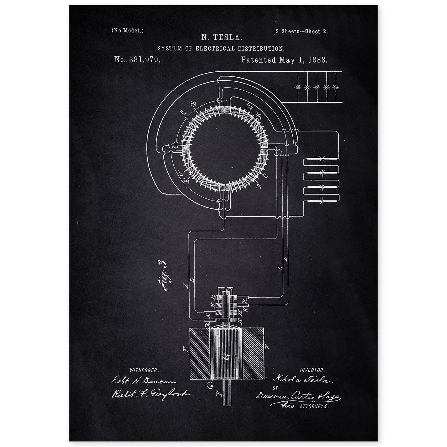 Poster con patente de Sistema de distribucion electrica. Lámina con diseño de patente antigua-Artwork-Nacnic-A4-Sin marco-Nacnic Estudio SL