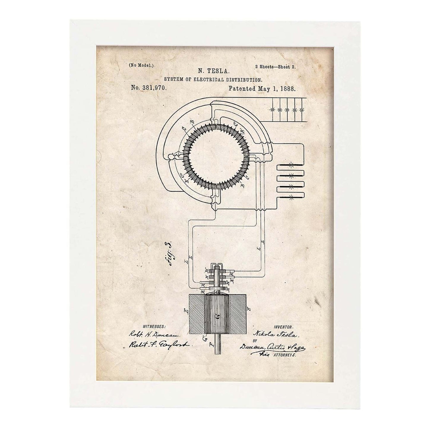 Poster con patente de Sistema de distribucion electrica. Lámina con diseño de patente antigua.-Artwork-Nacnic-A3-Marco Blanco-Nacnic Estudio SL