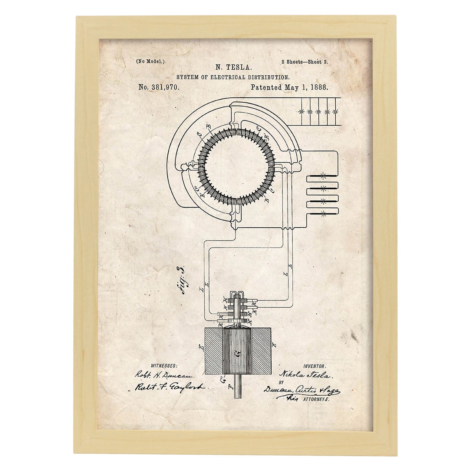 Poster con patente de Sistema de distribucion electrica. Lámina con diseño de patente antigua.-Artwork-Nacnic-A3-Marco Madera clara-Nacnic Estudio SL