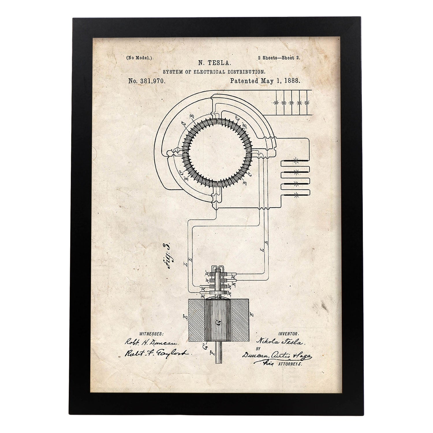 Poster con patente de Sistema de distribucion electrica. Lámina con diseño de patente antigua.-Artwork-Nacnic-A3-Marco Negro-Nacnic Estudio SL