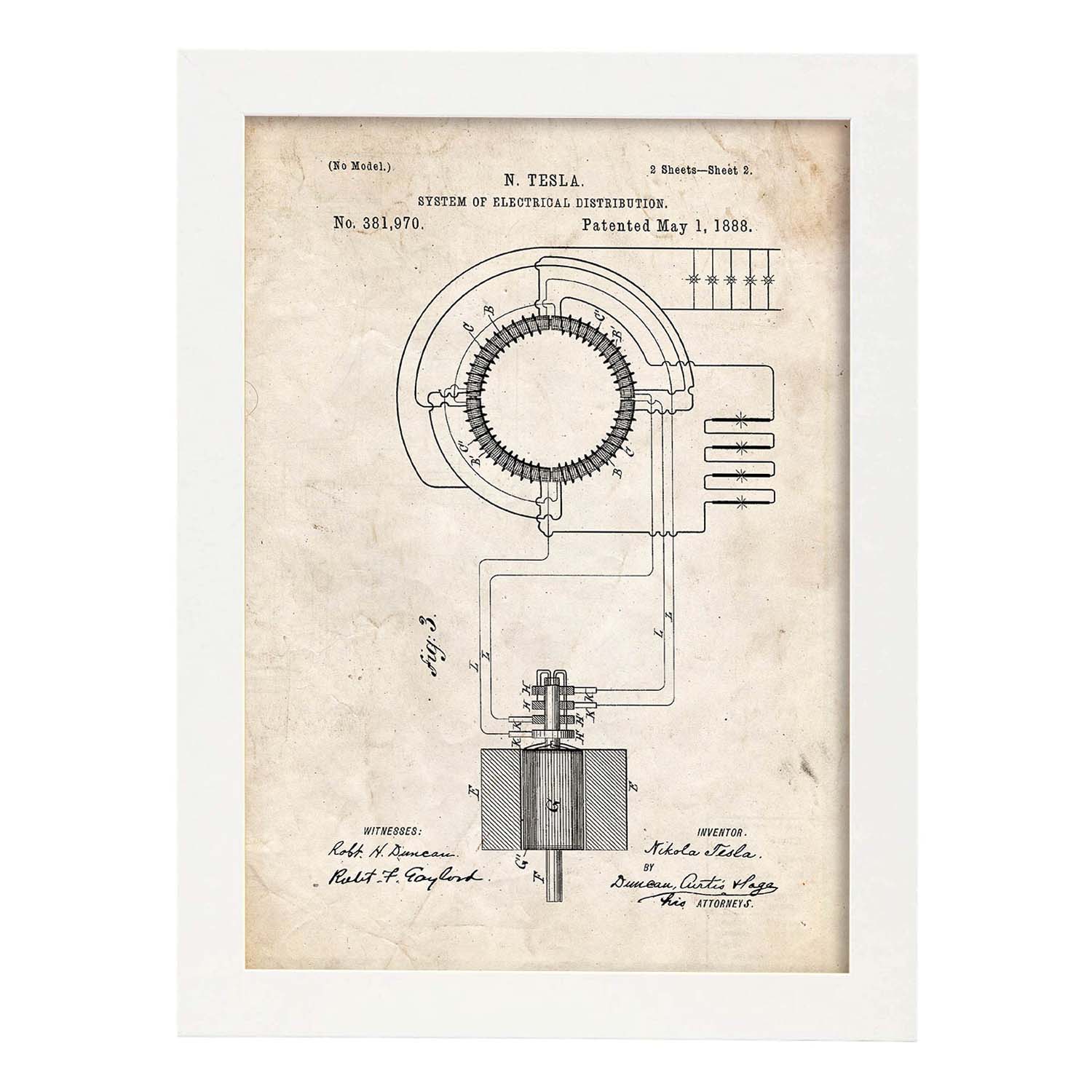 Poster con patente de Sistema de distribucion electrica. Lámina con diseño de patente antigua.-Artwork-Nacnic-A4-Marco Blanco-Nacnic Estudio SL
